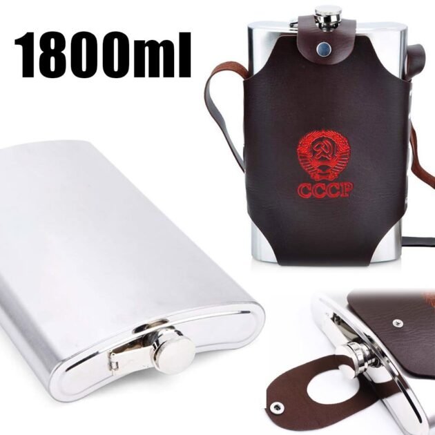 Flasque Métallique 1800ml en Acier Inoxydable avec Étui en Cuir pour Activités Extérieures