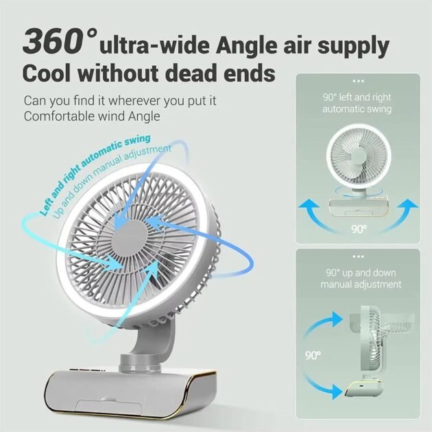 Ventilateur Rechargeable Rotatif avec Lumière LED